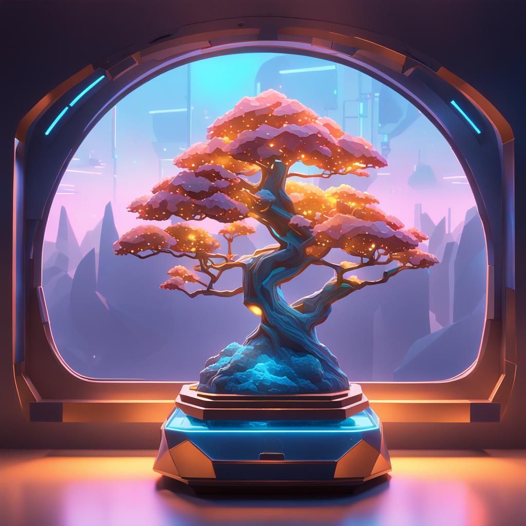 Neon Bonsai Tree in Sci-Fi Spaceship Cabin