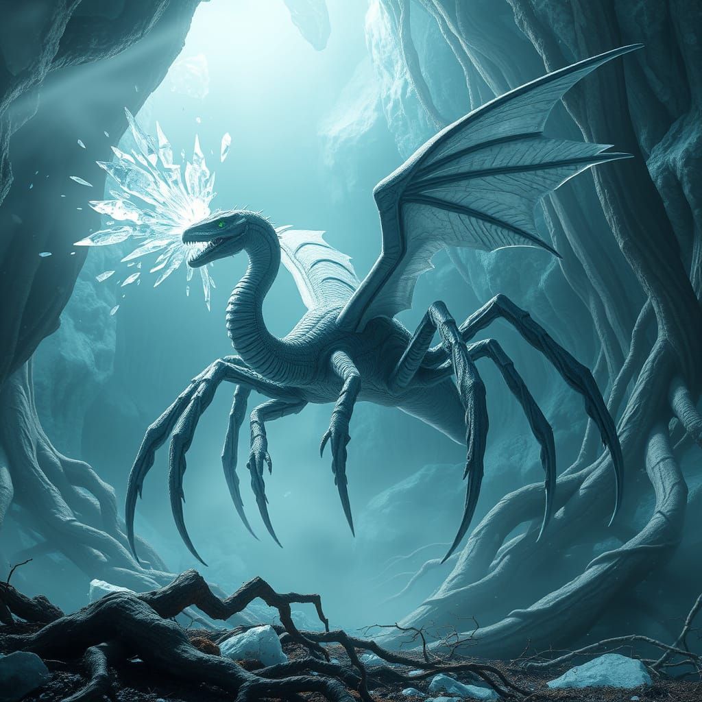 Serpent Dinosaur Exhales Ice Shards in Glacial Caverns
