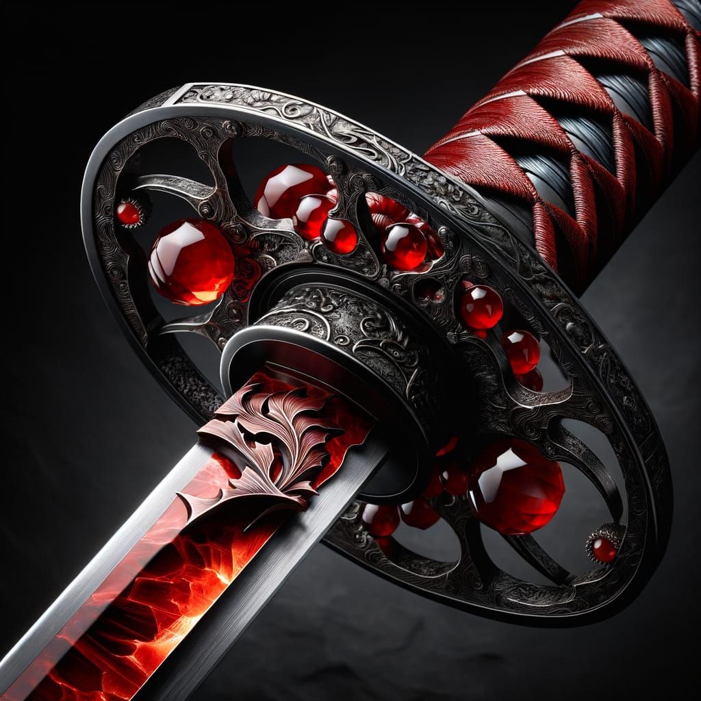 Red razor sharp japanese katana with crimson blade and red jade hand guard and perfect obsidian hilt