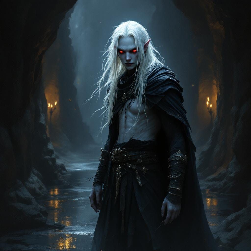 Albino Drow in Dimly Lit Cave, in Oil Painting Style