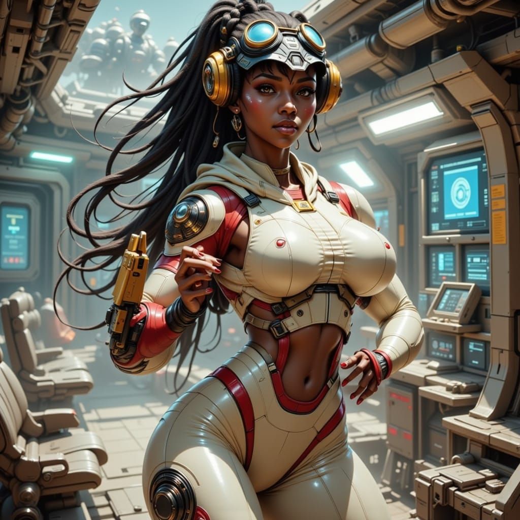Futuristic Black Woman Ready with Weapon in Vintage-Futurism...