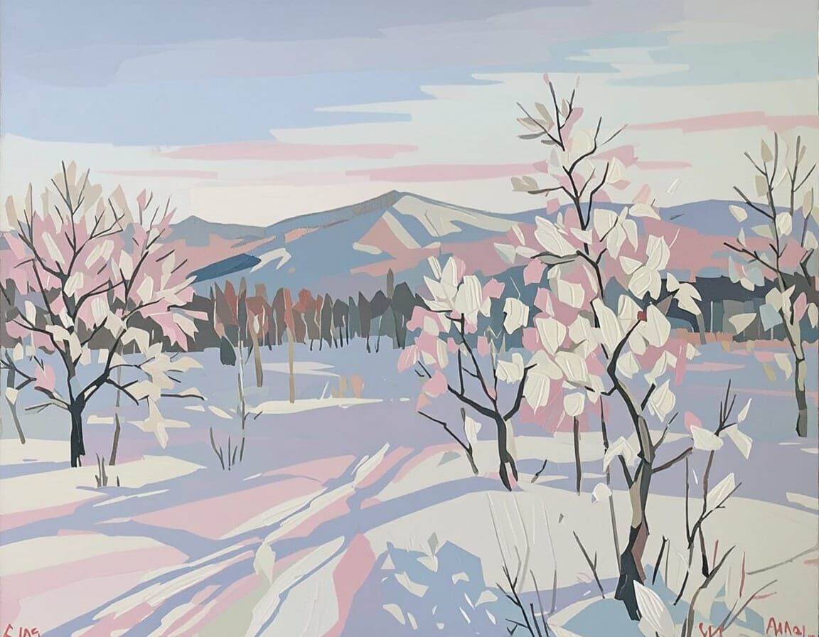 Pink Snowy Forest Sunset in Impressionist Style