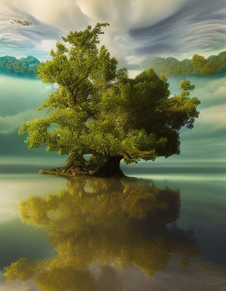 Surreal Face in Water with Tree: Digital Art