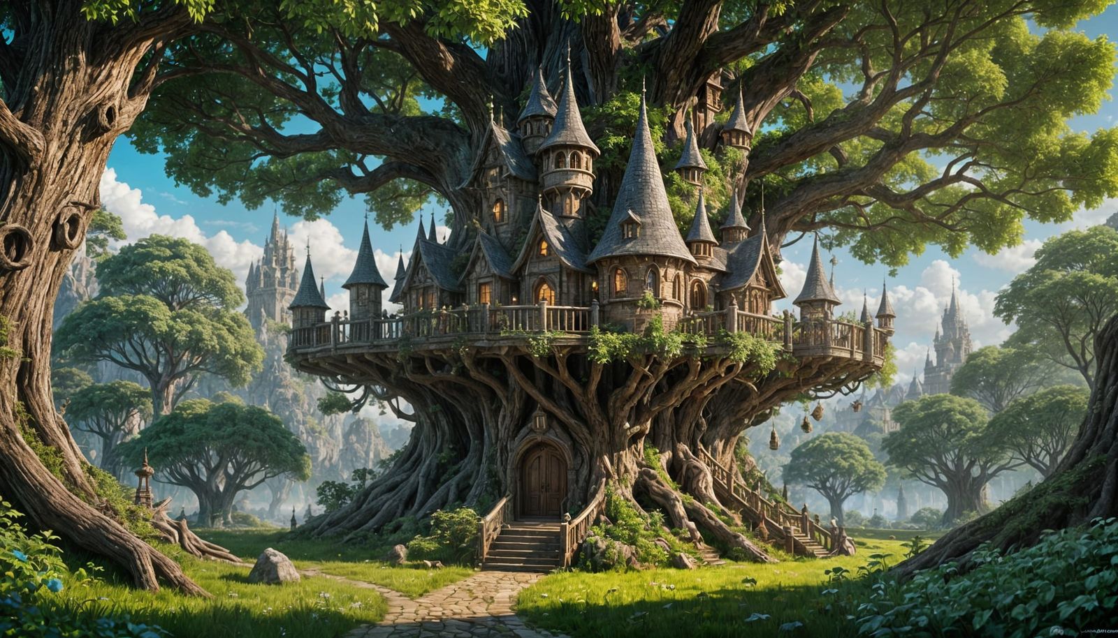 Whimsical Elven Treehouse in Fantasy Forest