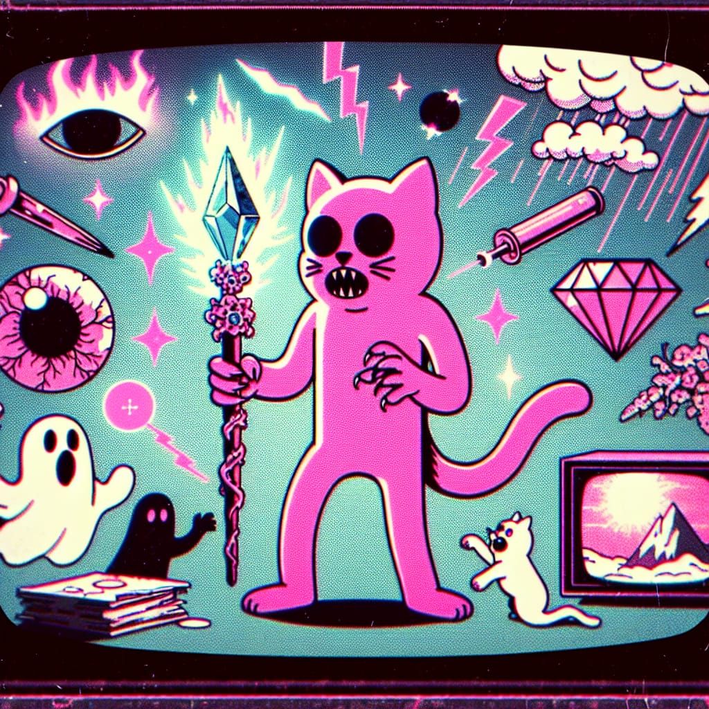 Pink Feline Character with Arcane Staff, in 1960s Animation ...