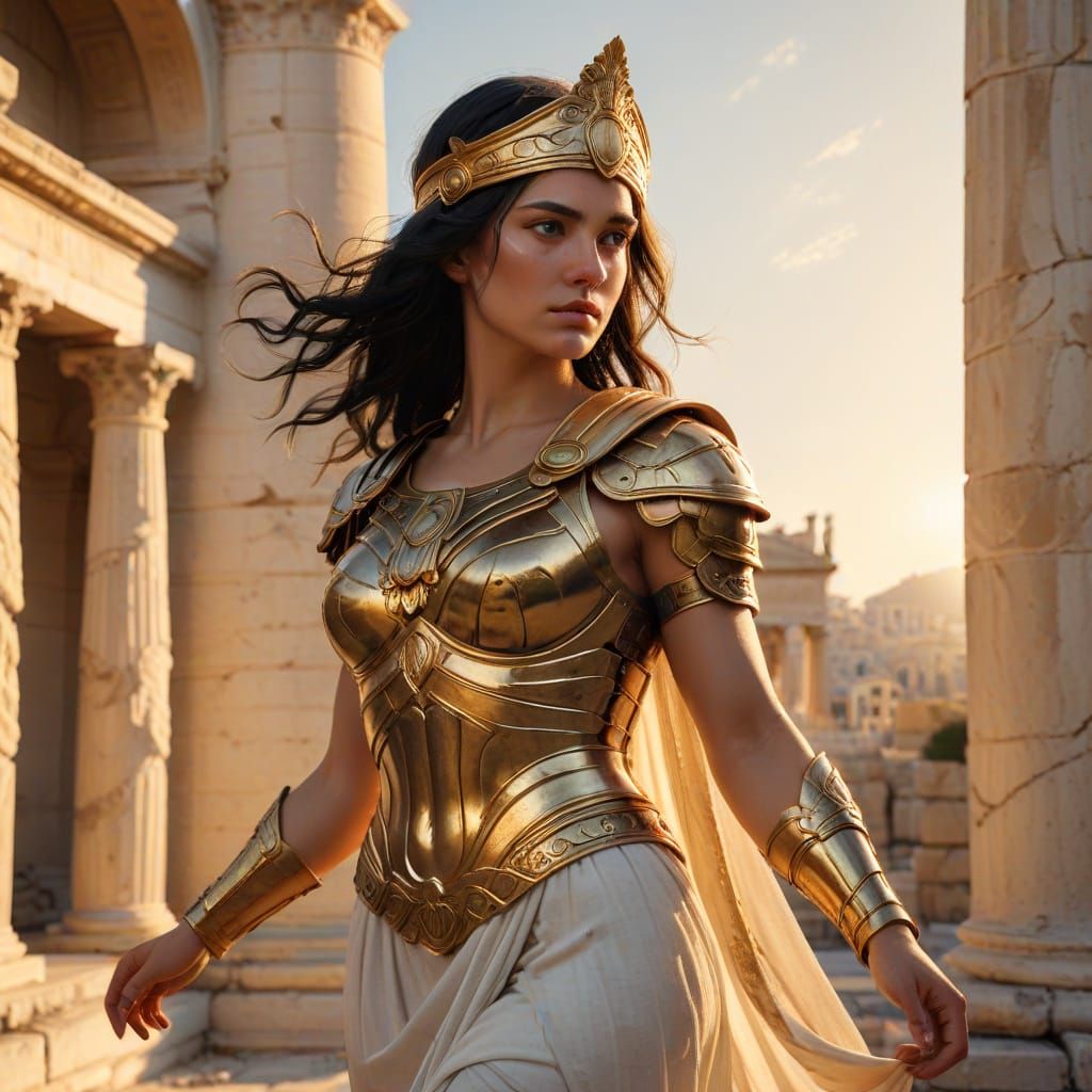 Regal Ancient Greek Warrior Woman in Golden Hour