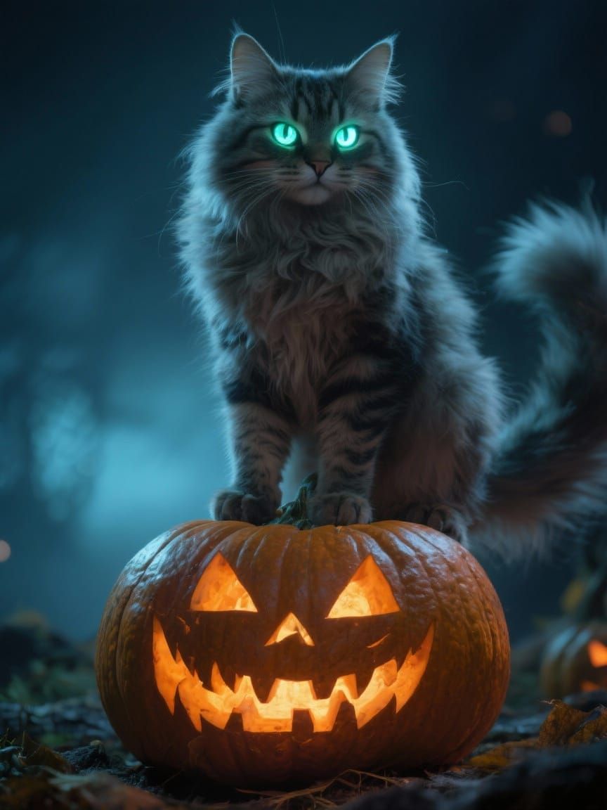 a furry cat and a Halloween Pumpkin