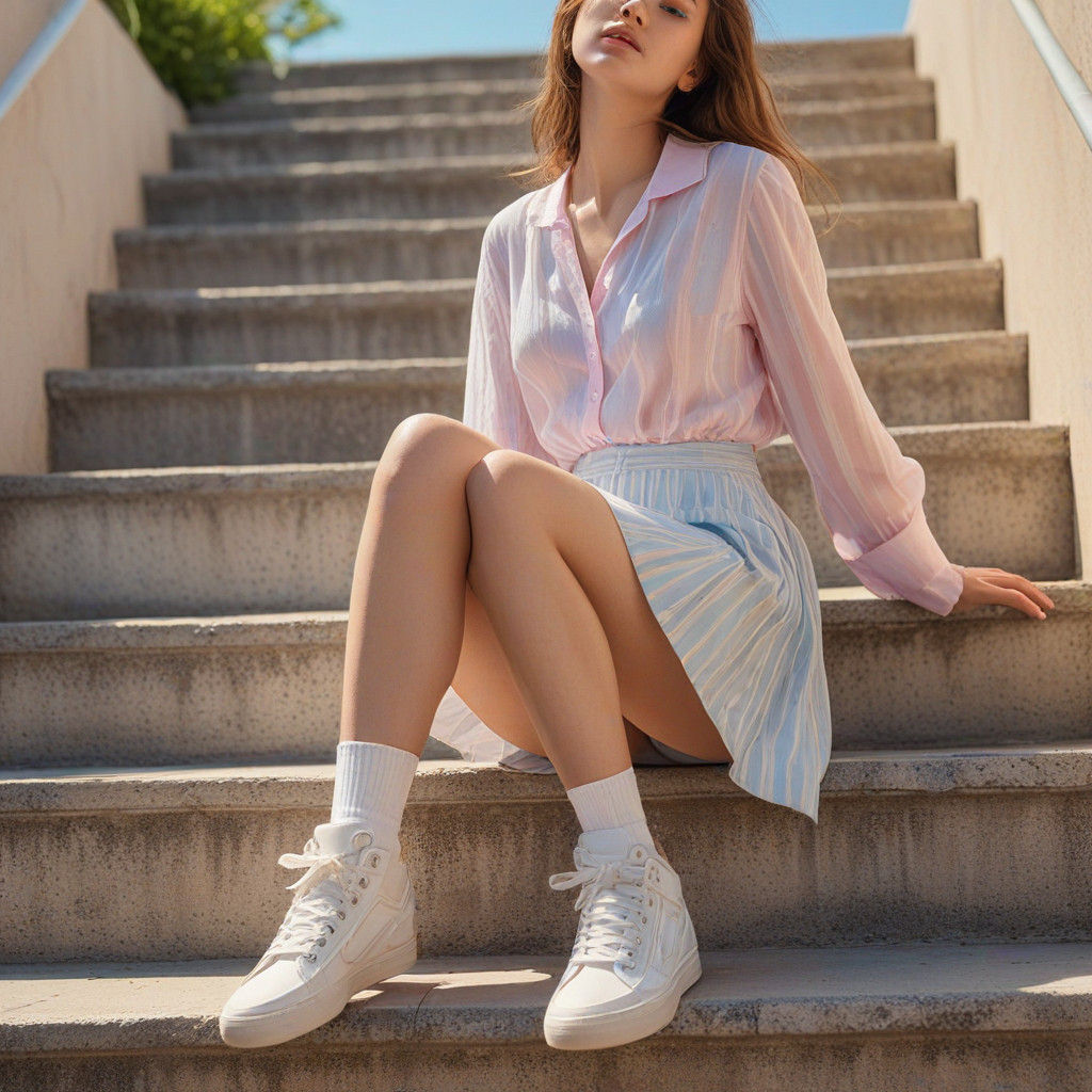Young Woman Sitting on Stairs with Playful, Vibrant Colors