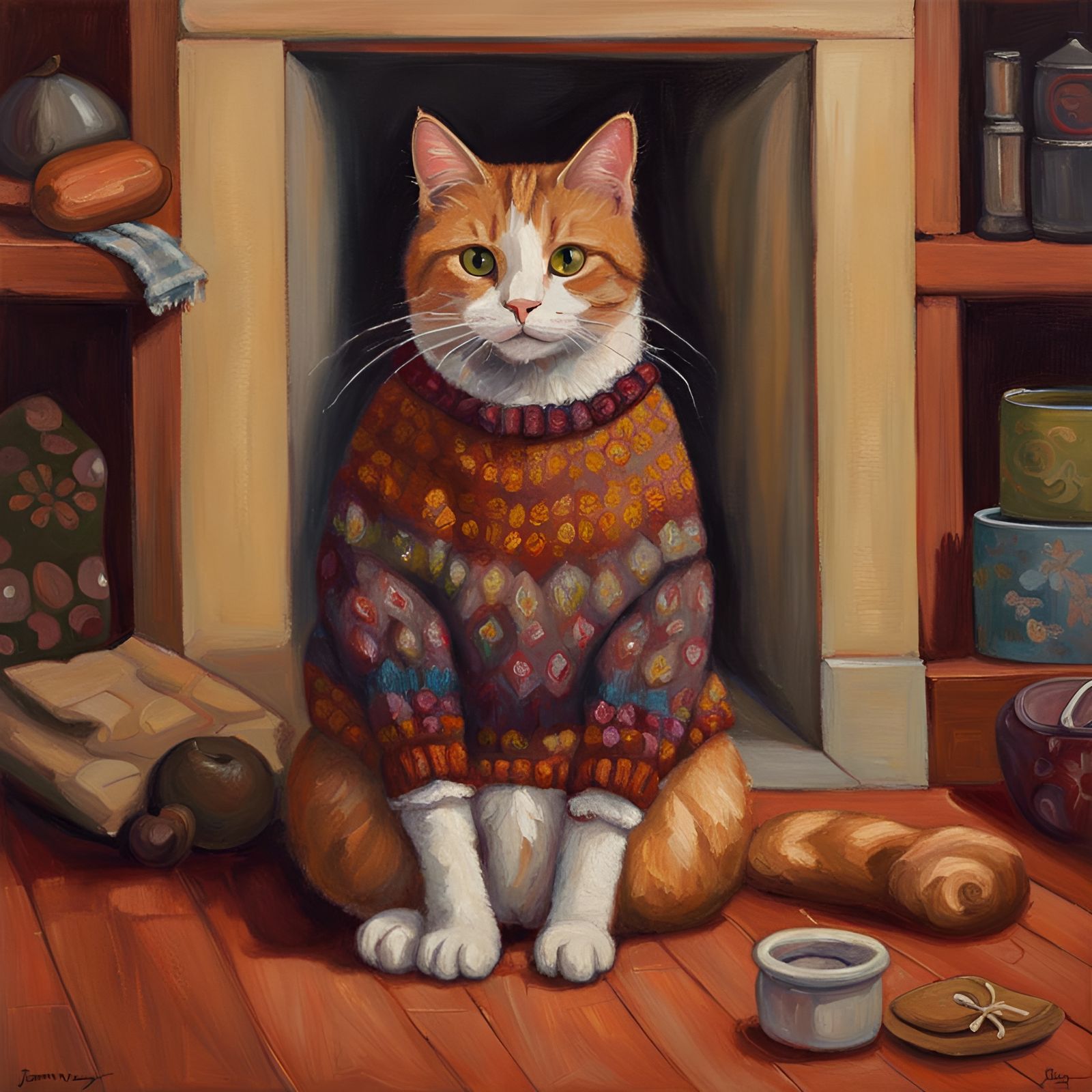 Cozy Calico Cat in Sweater by Fireplace
