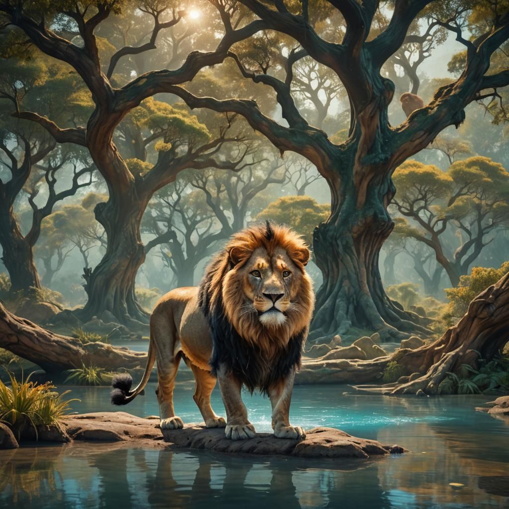 Majestic Lion at Waterhole in Fantasy Matte Painting