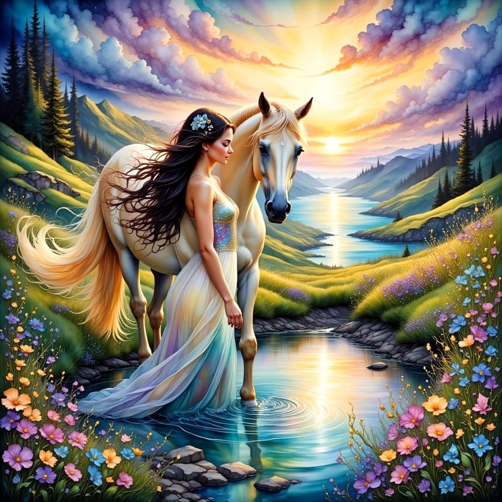 A Dreamy Scene of a Woman Washing Her Horse in a Shimmering ...