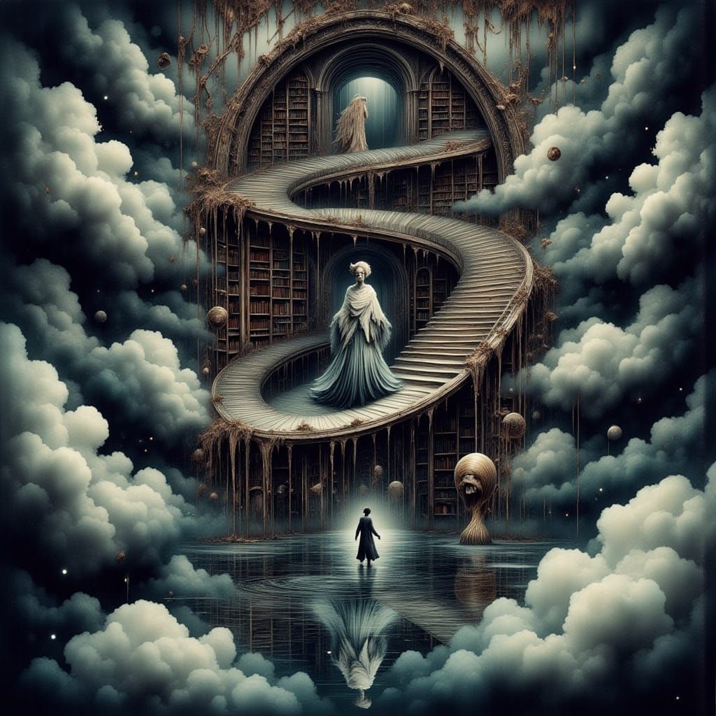 Surreal Opera Stage Ascends from Dark Lake