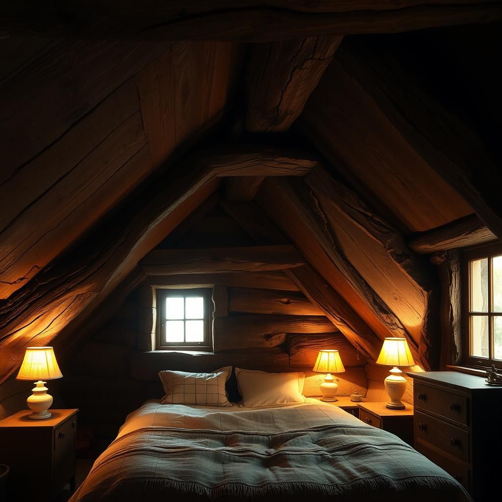 Exposed Timbers in Attic Bedroom, Rustic Realism