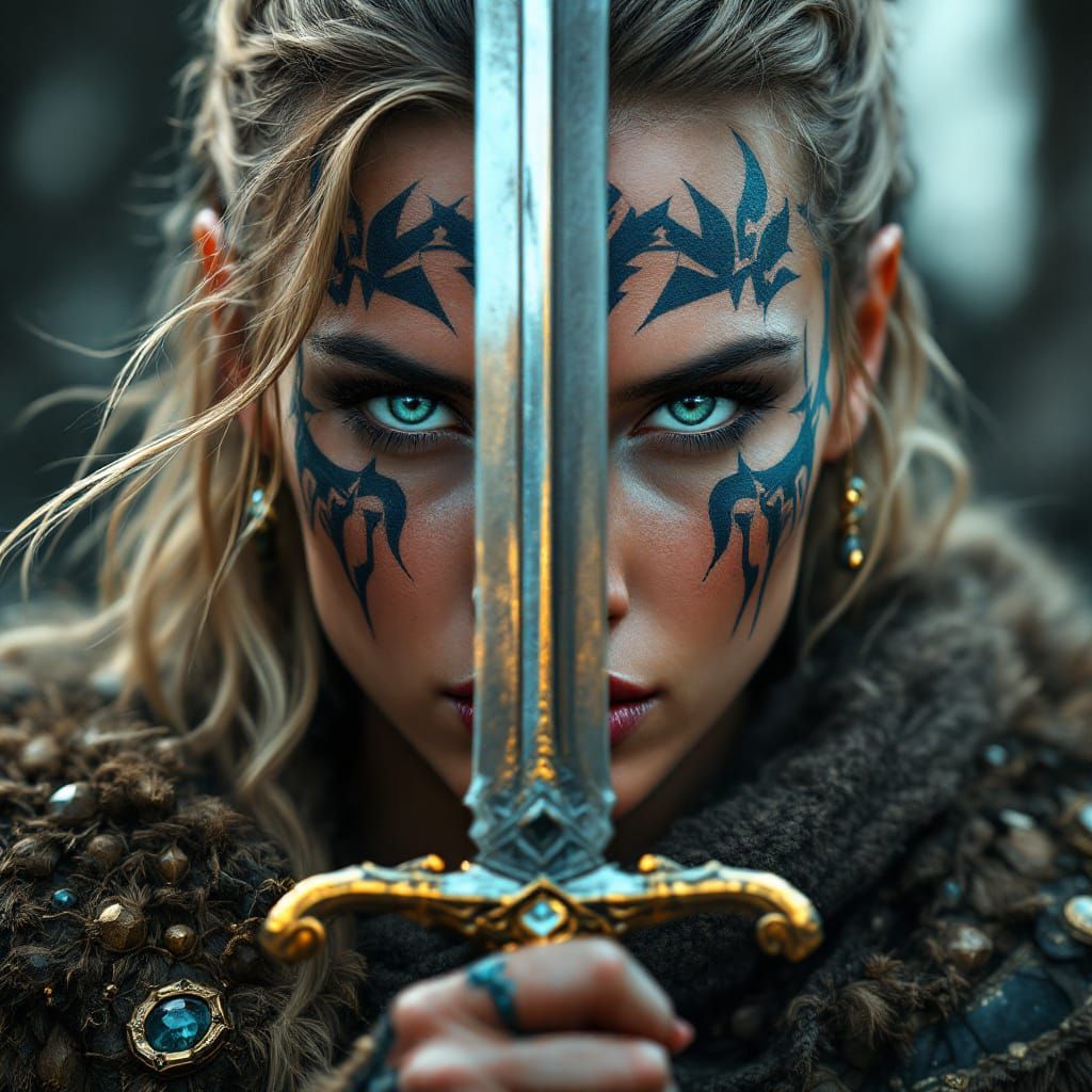 Fierce Viking Shieldmaiden with Sword and Runic Geometry