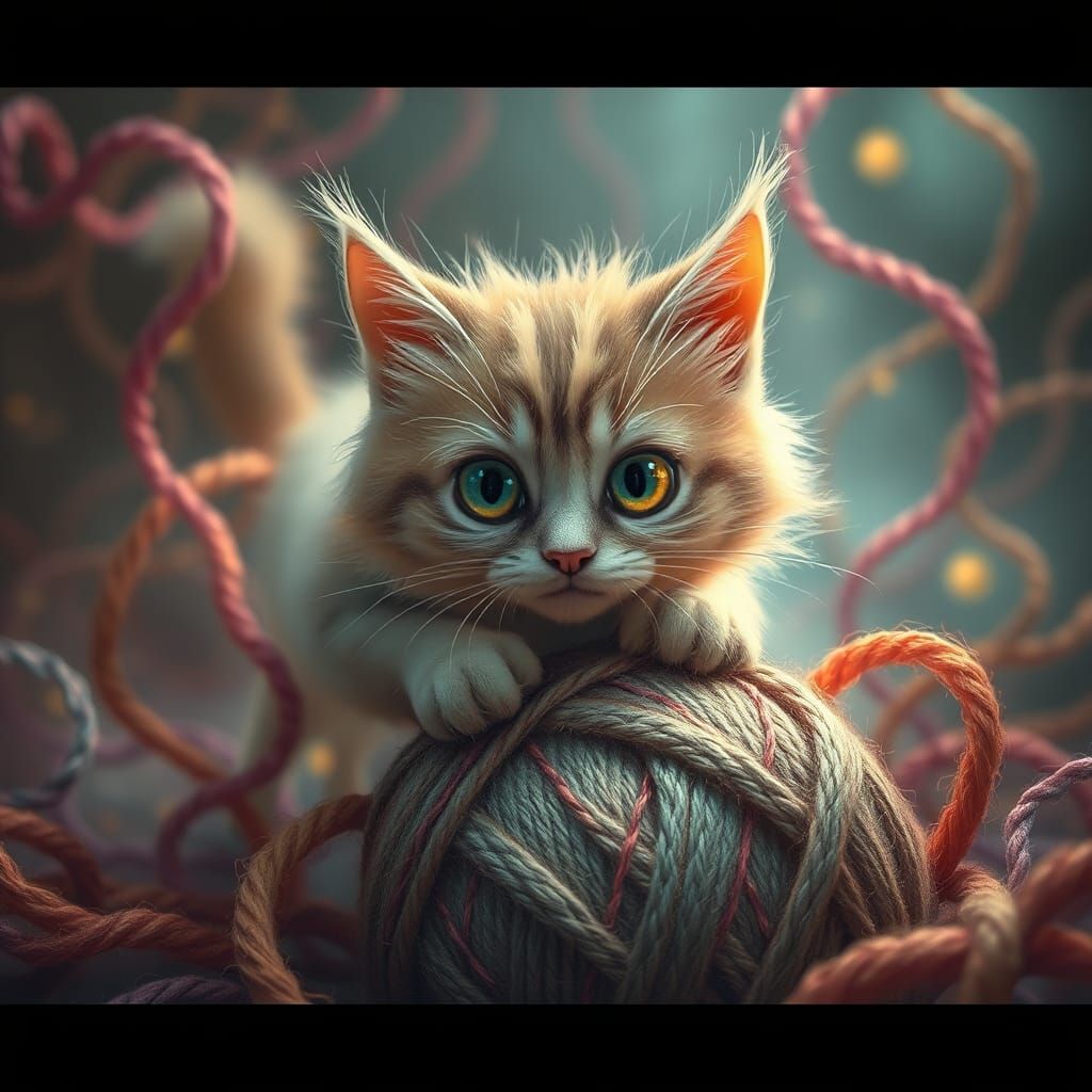 Whimsical Cat Pouncing on Yarn Ball