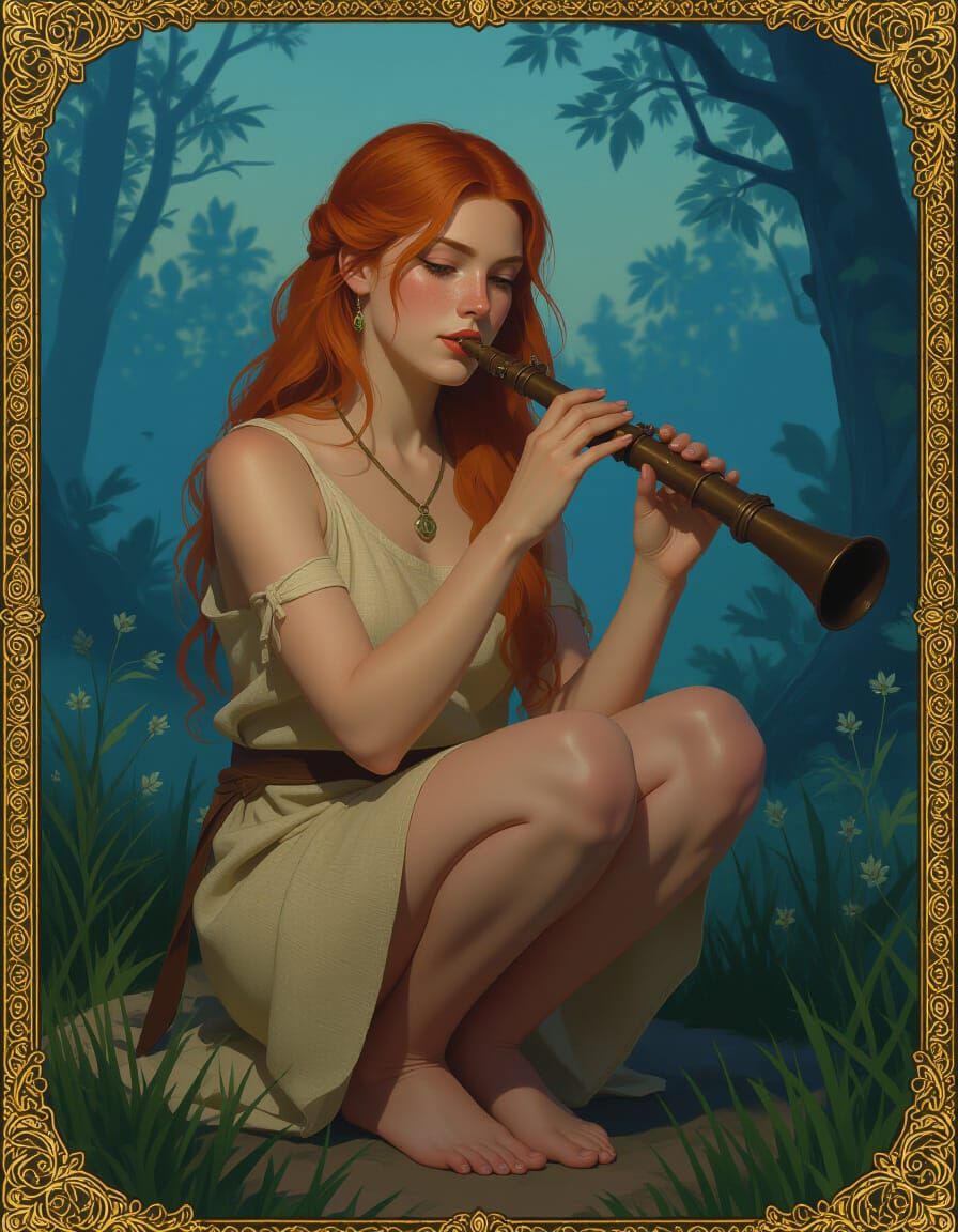 a young Celtic woman playing an old folk wind instrument