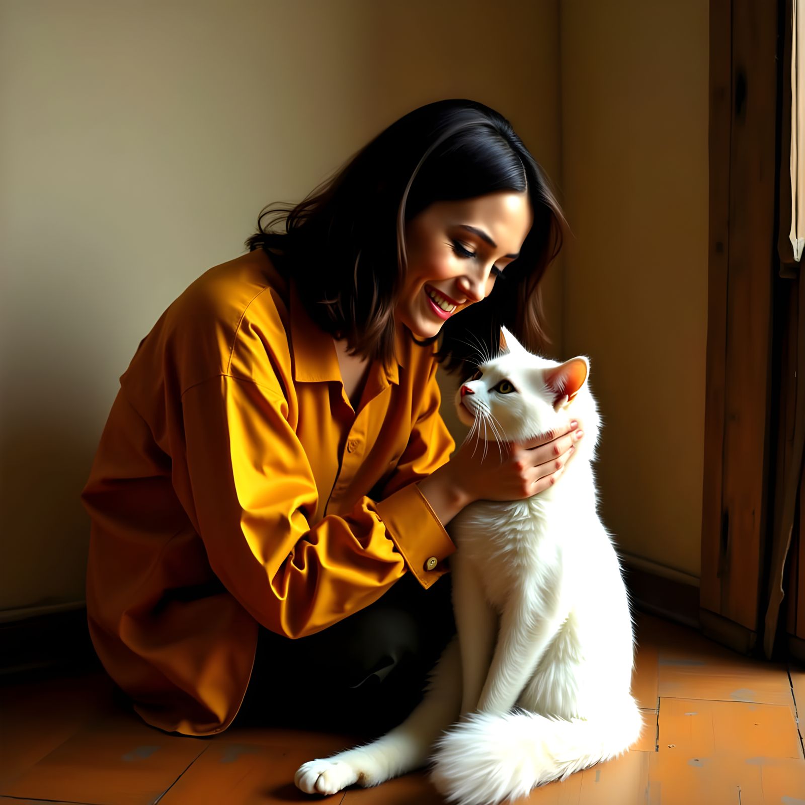 Woman's Joyful Moment with Her Lovable White Cat