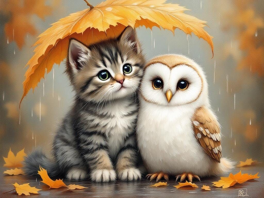 Whimsical Kitten and Owl Under Leaf, Impasto Oil Painting