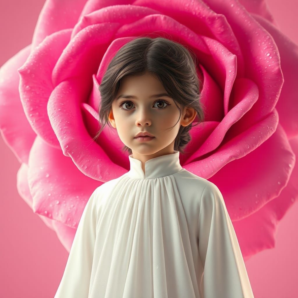 Girl in White Dress with Fuchsia Rose
