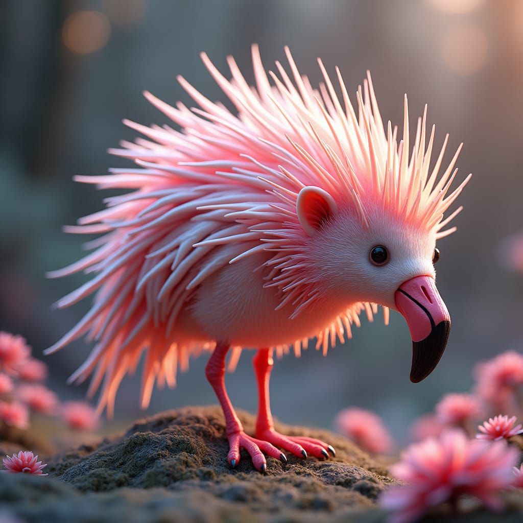 Dreamlike Flamingo-Hedgehog Hybrid in Fantasy Style