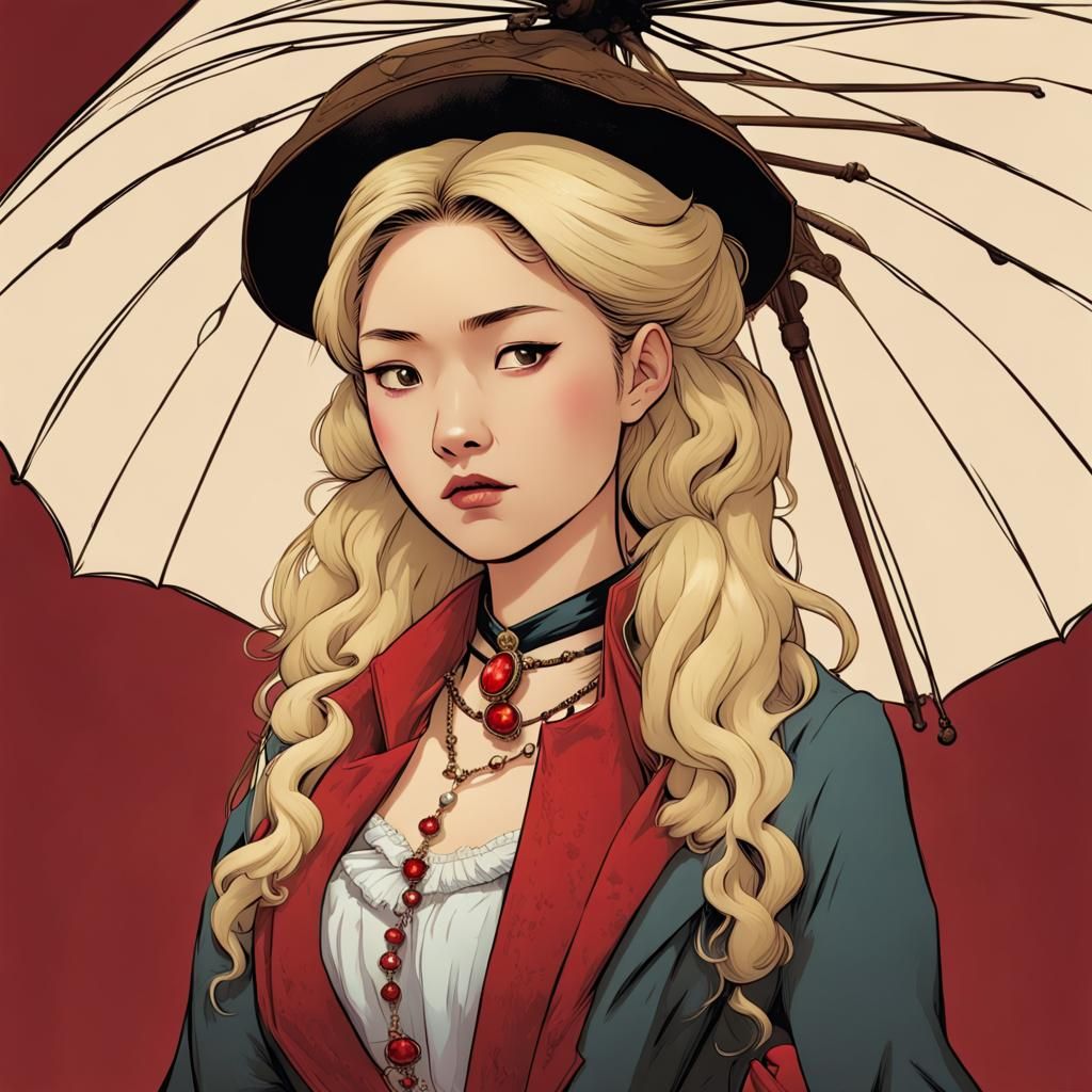 Victorian Blonde Asian Girl in Comic Book Style
