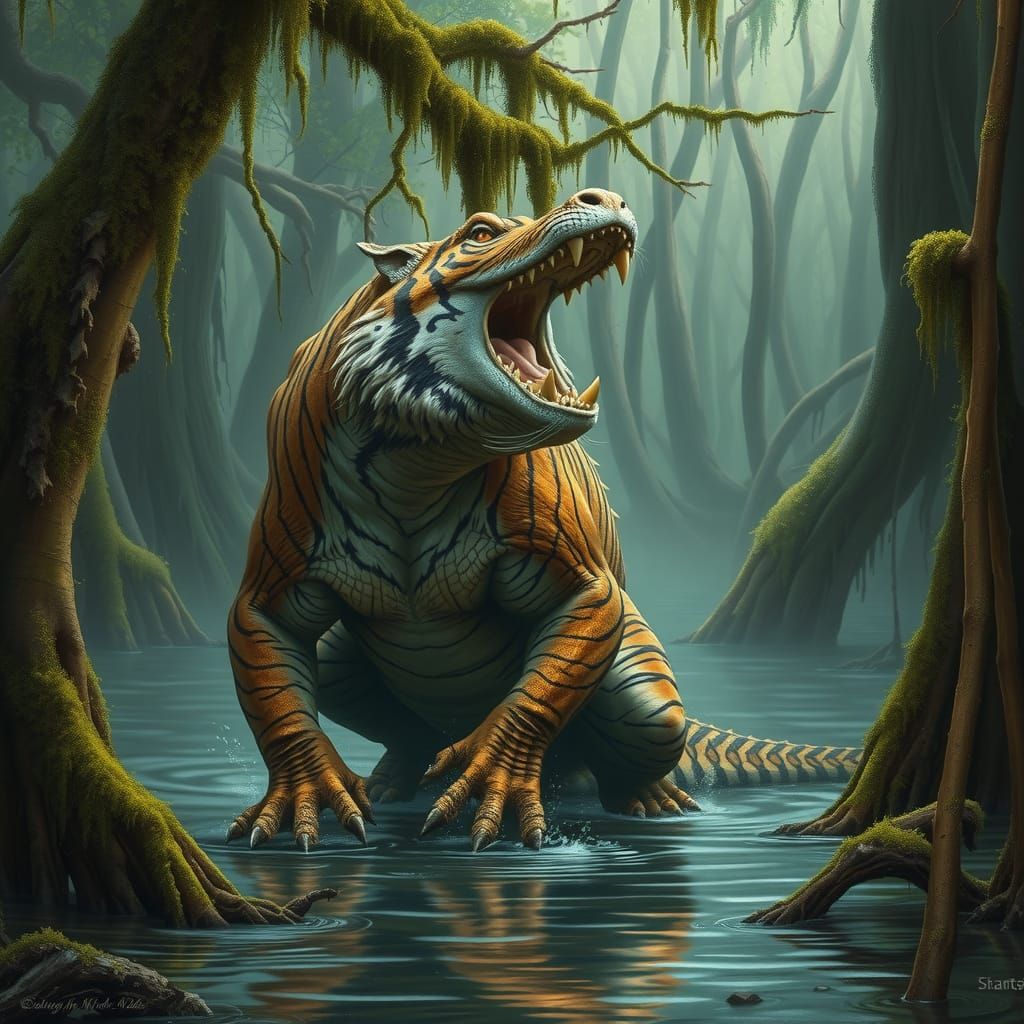 Majestic Tiger-Alligator Hybrid Roaring in Misty Bayou