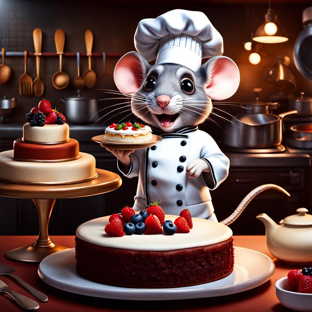 Cute Mouse Chef Decorating Cake in Restaurant Kitchen