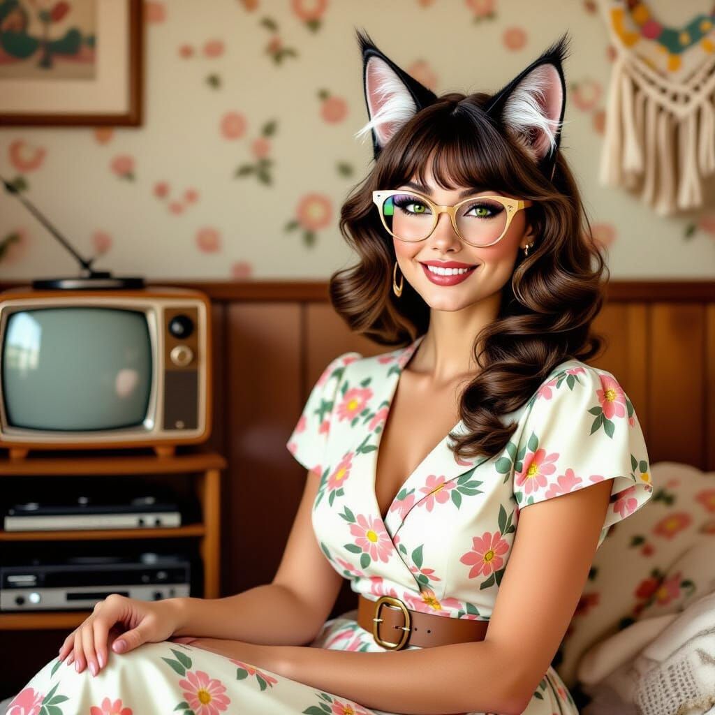 Cat-like Woman Presents Stamp Collection in Retro Style