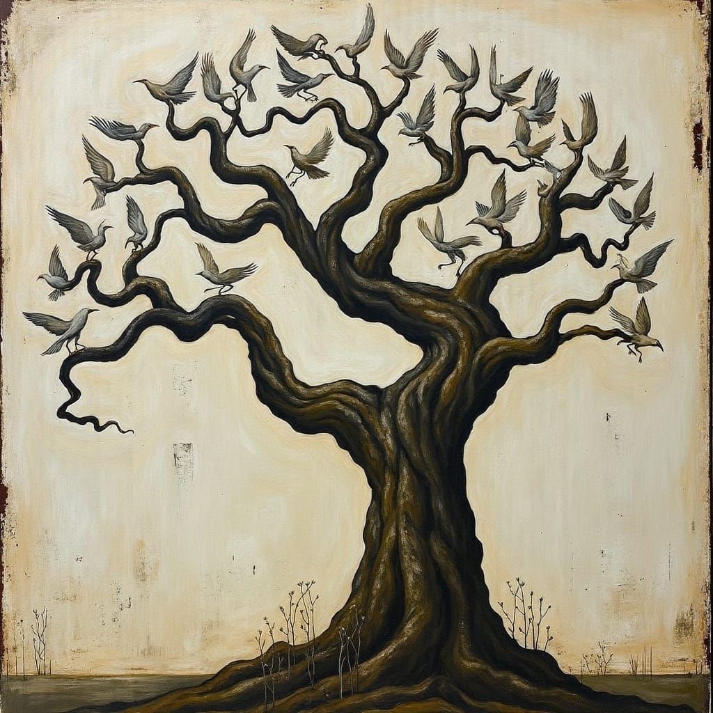 Ancient Tree Transforms into Swirling Vortex of White Crows....