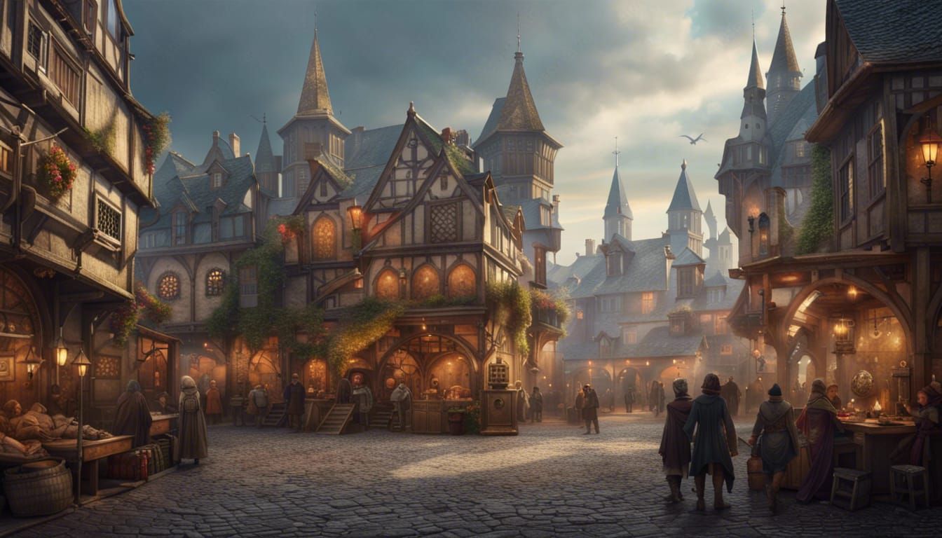 Vibrant Medieval Market Square: Digital Matte Painting
