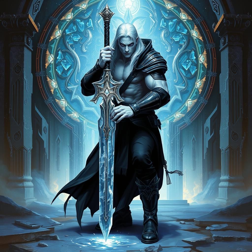 Ice Warrior's Crystal Gate: A Dark Fantasy Painting