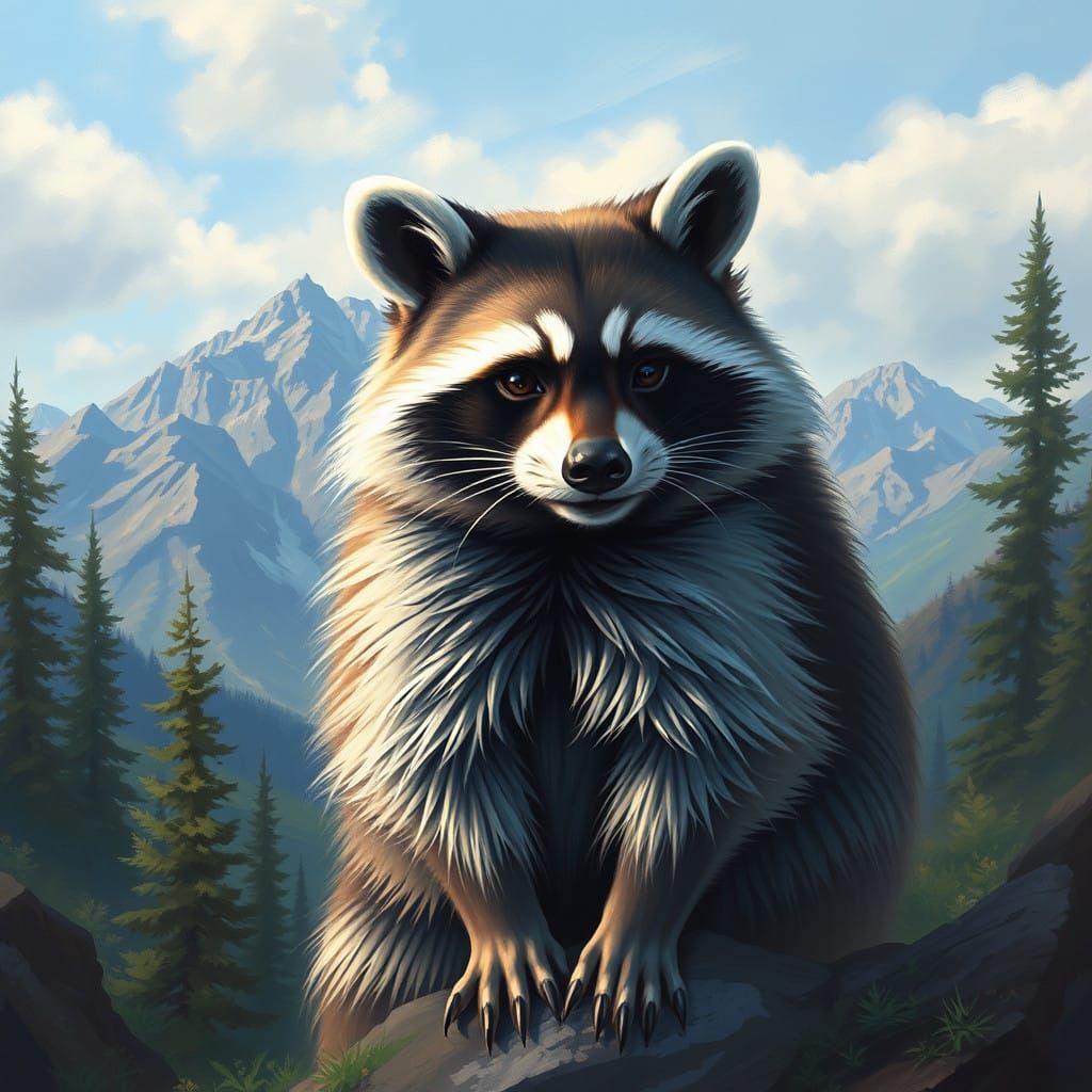 Realistic Raccoon in Mountain Landscape