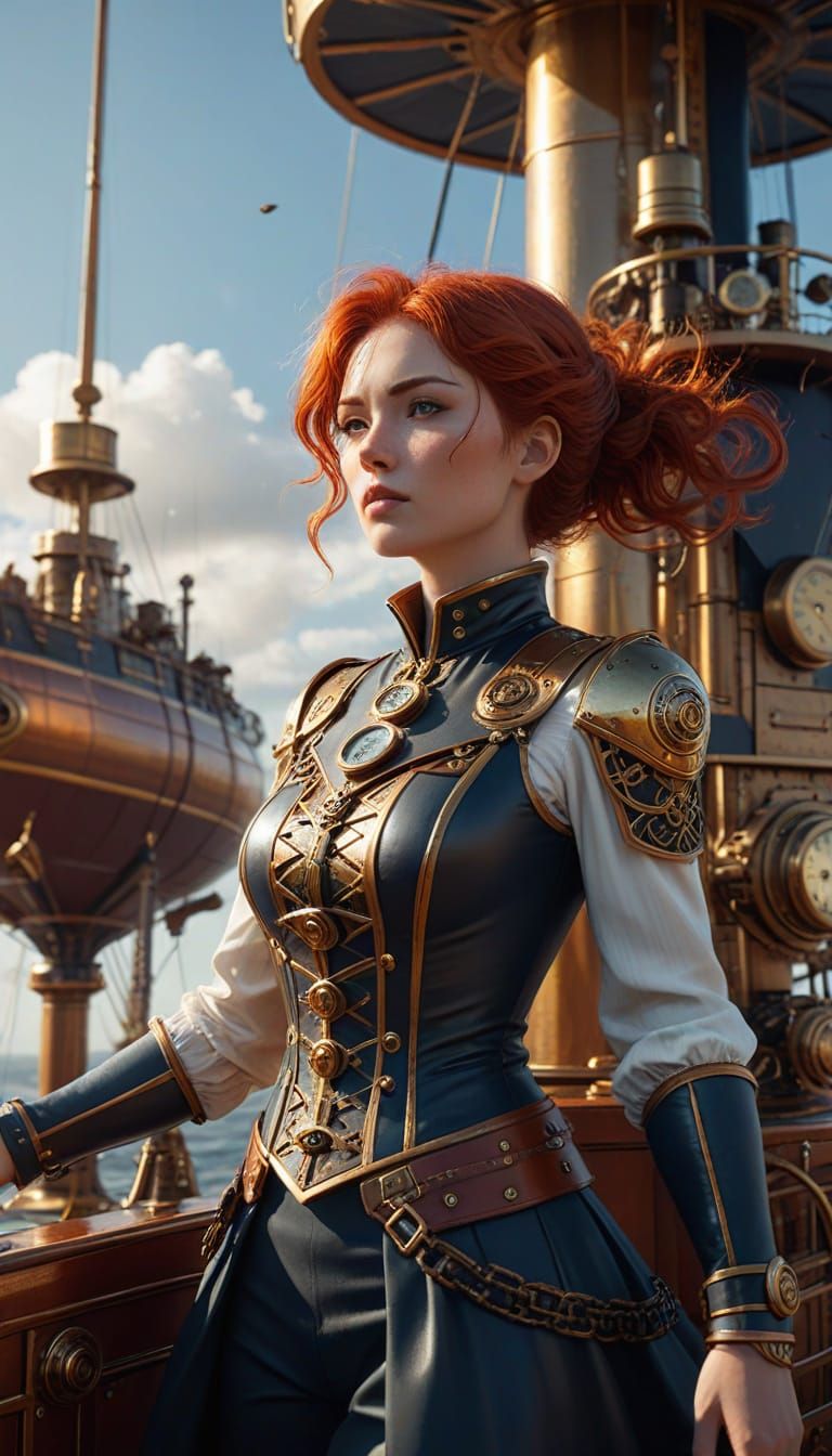 Redhead on Steampunk Airship: Comic Art Illustration