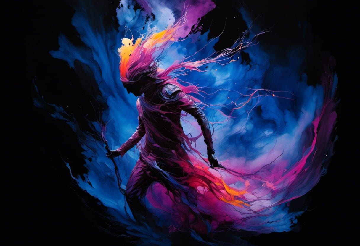 Cosmic Silhouette in Ink Wash Painting Style