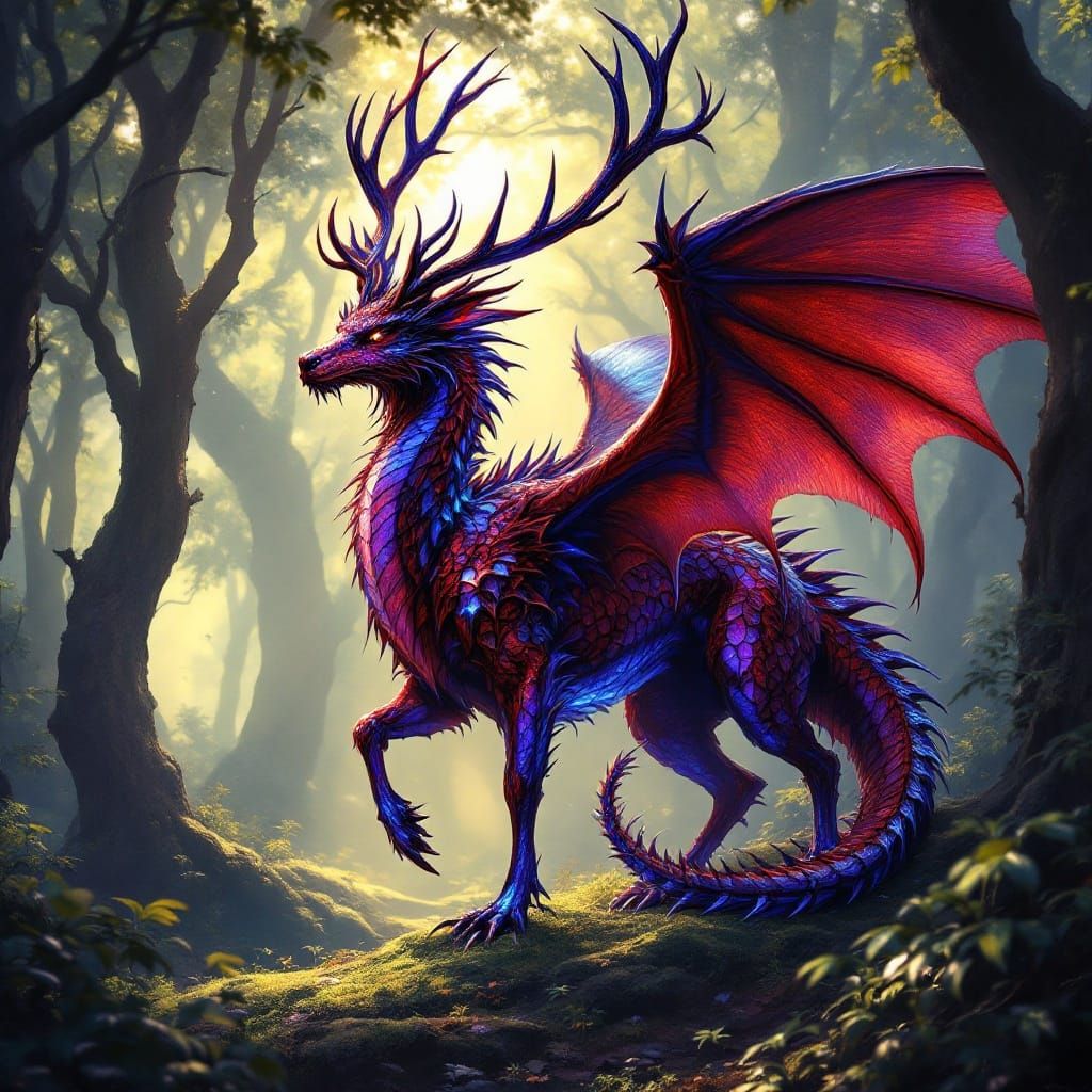 Majestic Dragon Deer Hybrid in Enchanted Forest