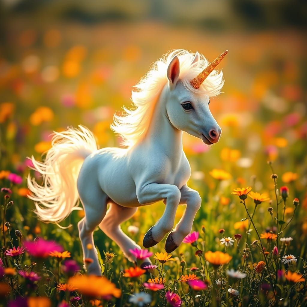 Whimsical Baby Unicorn in Sun-Drenched Wildflower Field