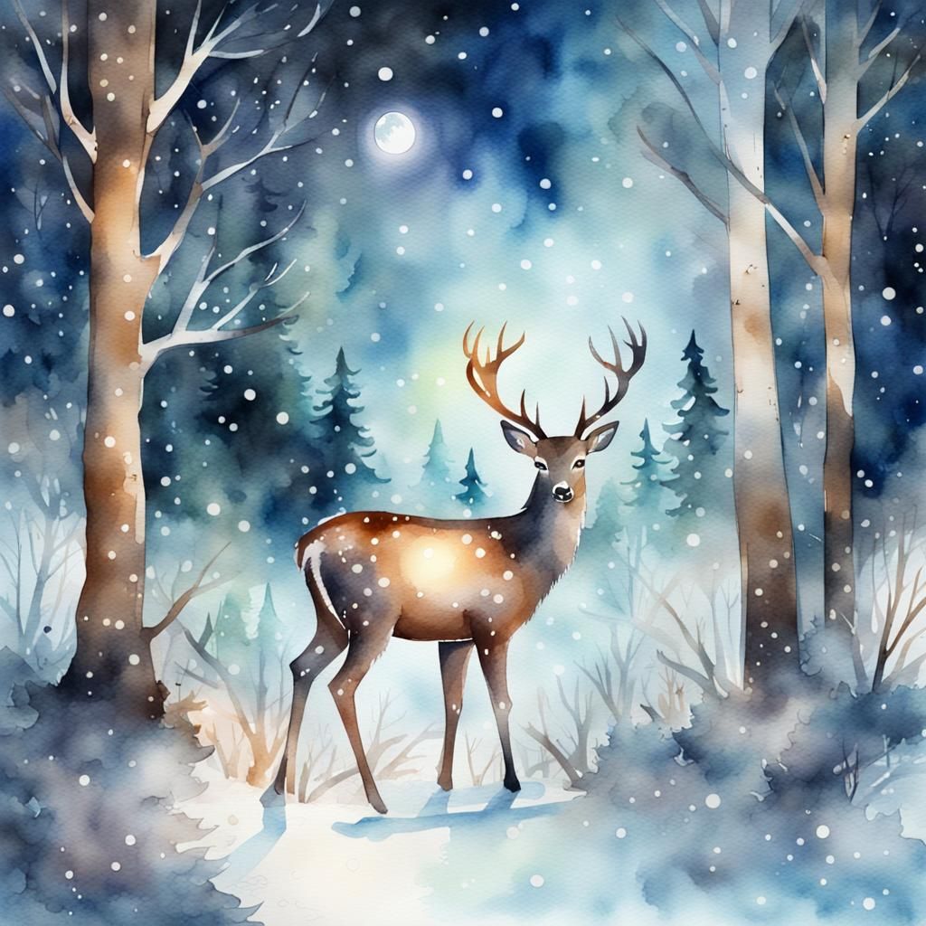 Watercolor Forest with Deer in Moonlight