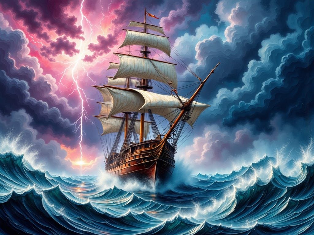 Royal Navy Ship Battles Storm in Impasto Oil Painting