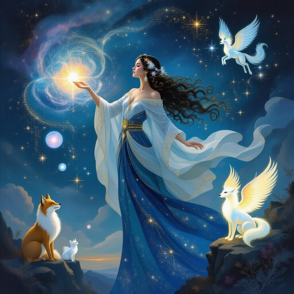 Celestial Goddess Paints Night Sky with Dreams and Animals
