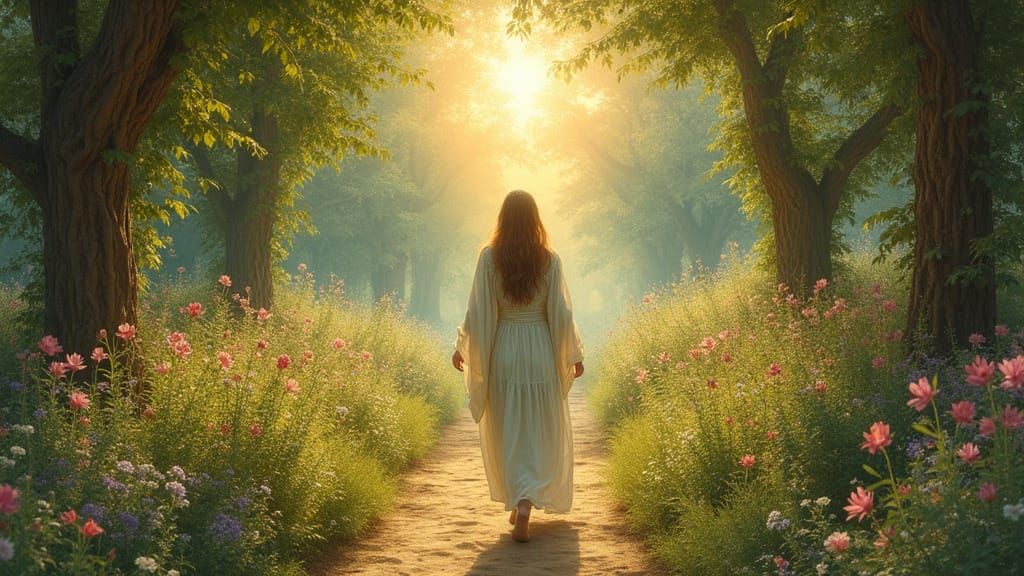 Elegant Woman Approaches Radiant Zion in Botticelli Style