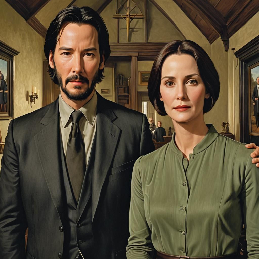 Neo and Trinity in American Gothic Style