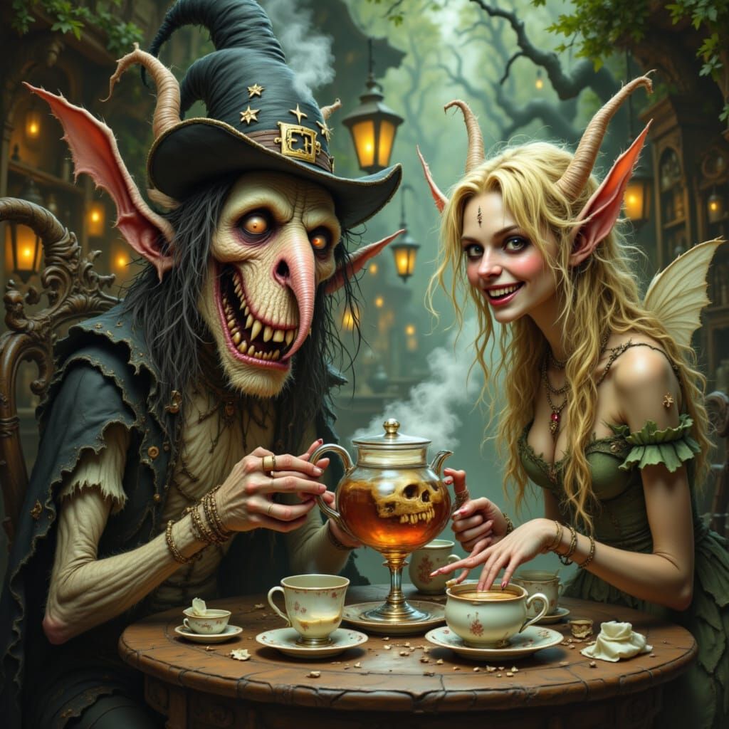 Demonic Elf Pours Tea for Fairy