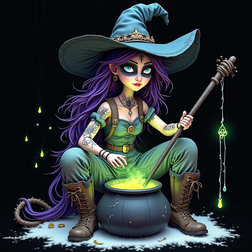 Fantasy Witch Concocting Potion in Neon Line Art Style