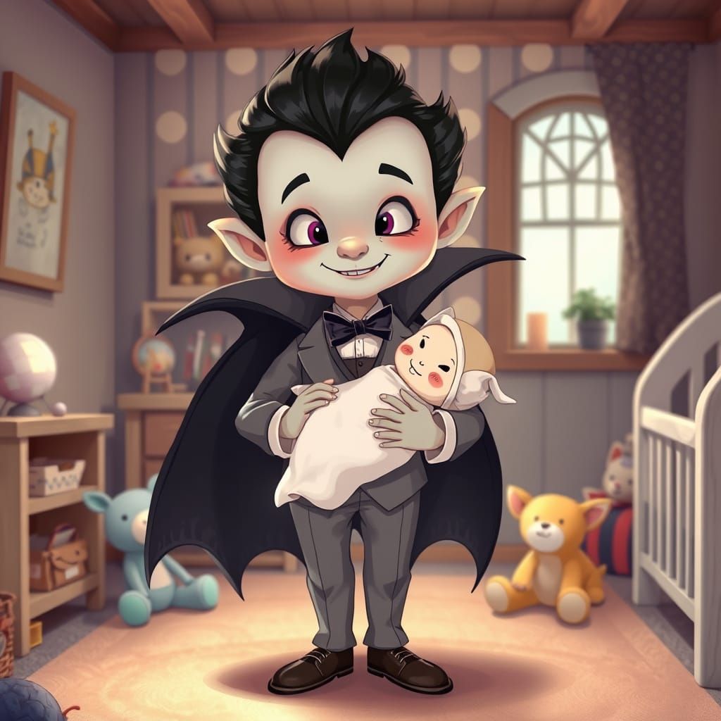 Dracula as Babysitter in Whimsical Art Style