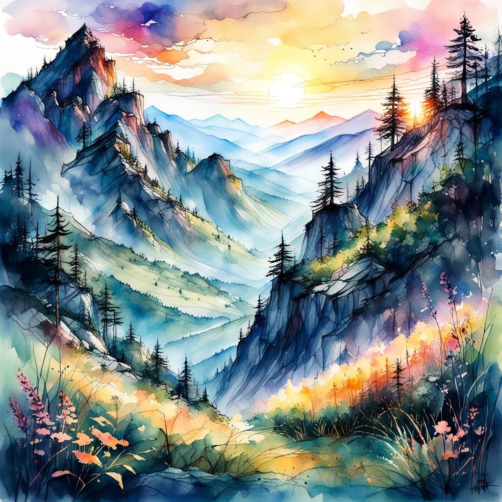 Appalachian Mountain Landscape in Digital Watercolor