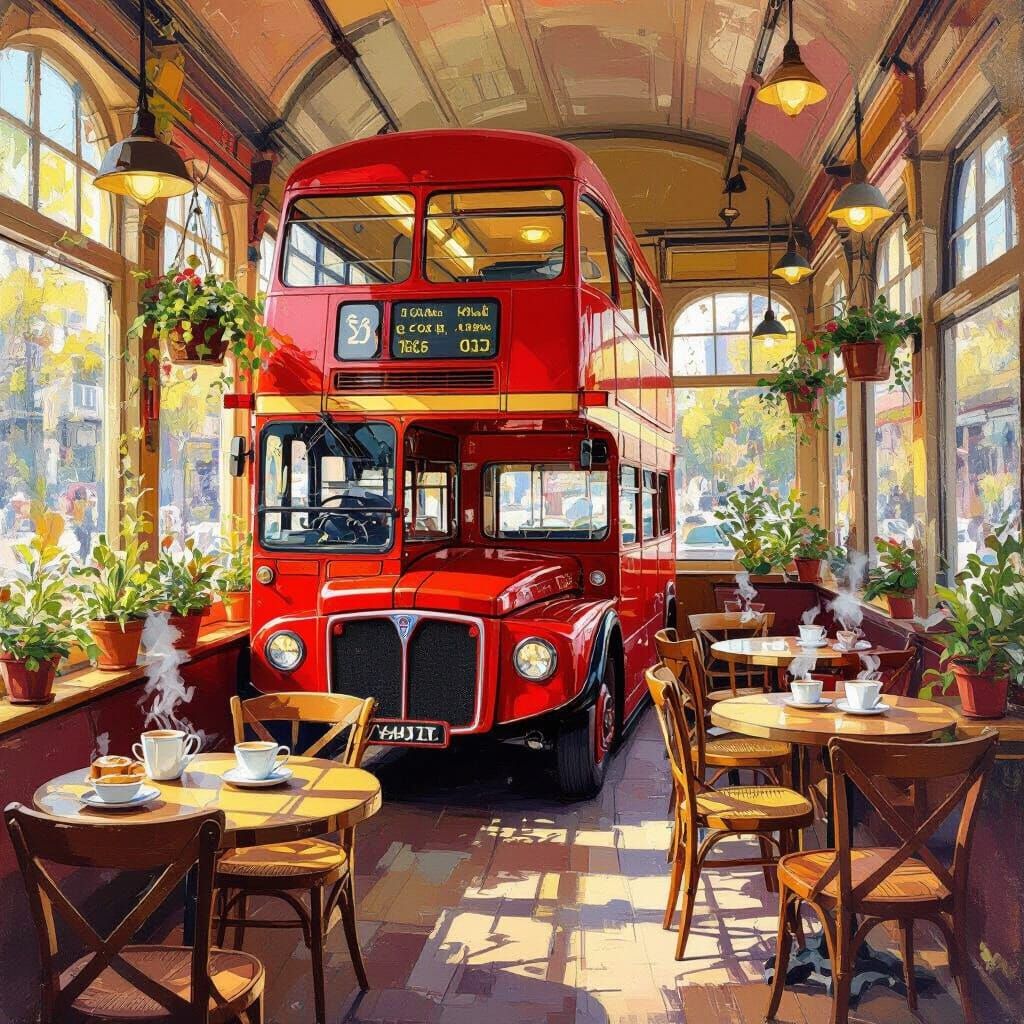 Vintage Bus Café in Impressionist Style