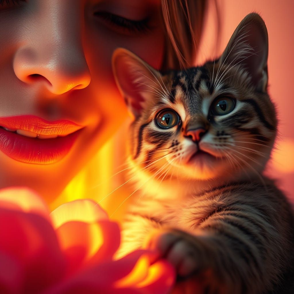 Ethereal Woman and Cat in Dreamy, Neon-Lit Scene