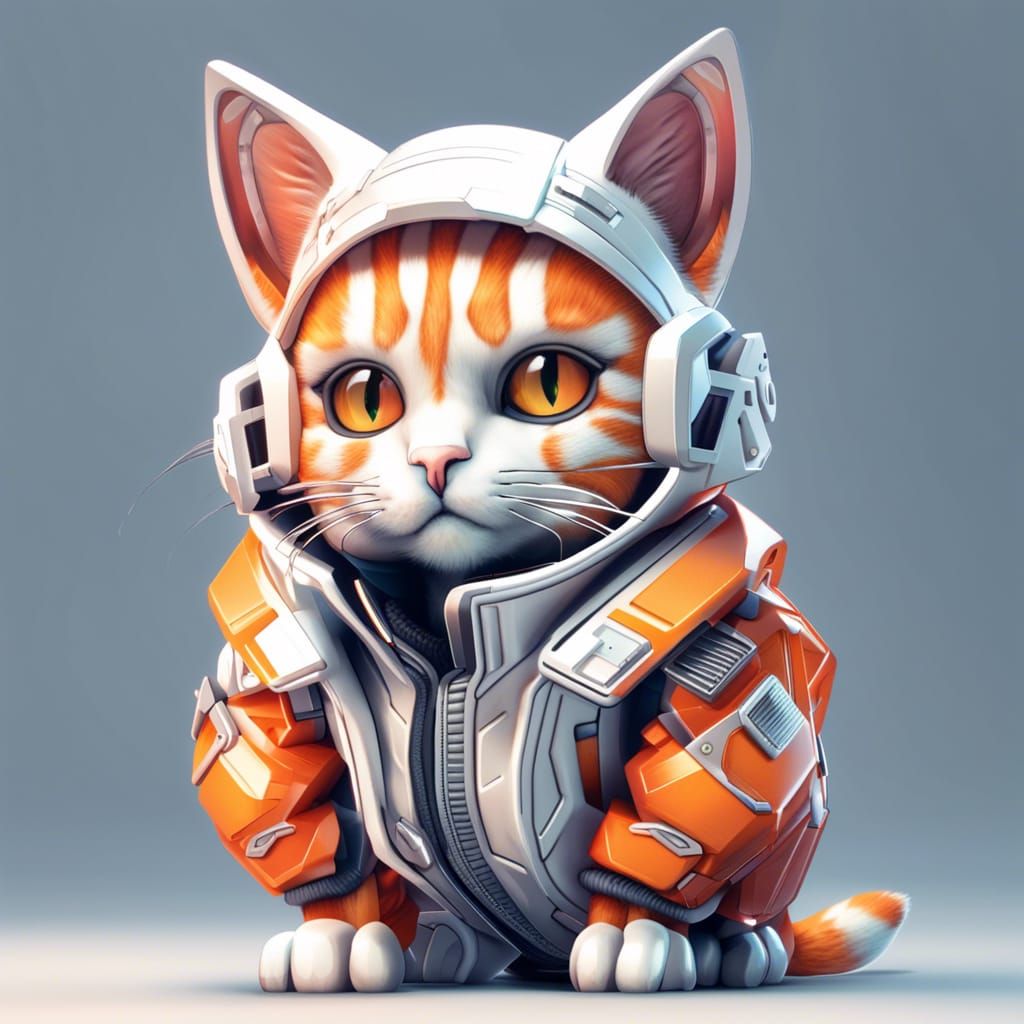 Cyberpunk Robot Cat Soldier in Isometric View