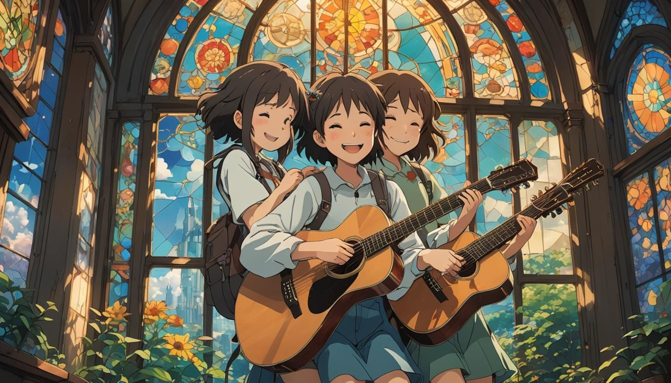 Happy Girls with Stained Glass Guitar in Anime Style