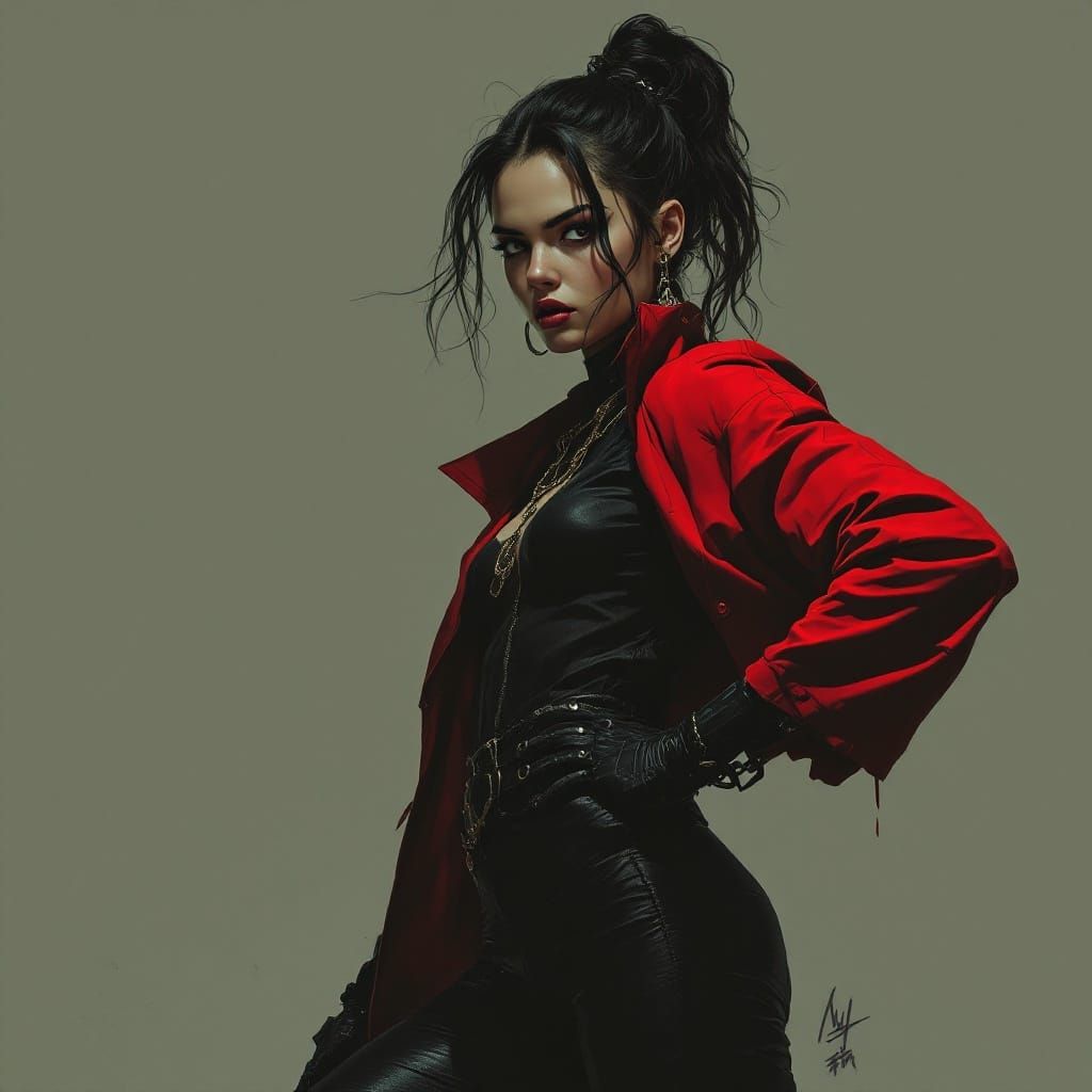 Determined Woman in Bold Outfit, Noir Style